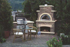 Paver stones outdoor fireplace step wall seating patio