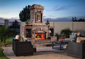 Paver stones outdoor fireplace step wall seating patio
