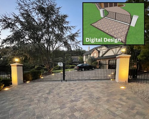 a hardscape and design with digital rendering and a finished paver stone project
