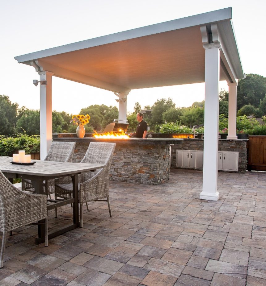 A beautiful paver stone patio on a warm sunny day
