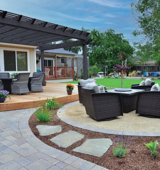 A beautiful paver stone patio on a warm sunny day
