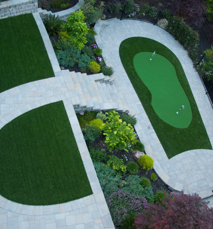 A vibrant synthetic lawn putting green