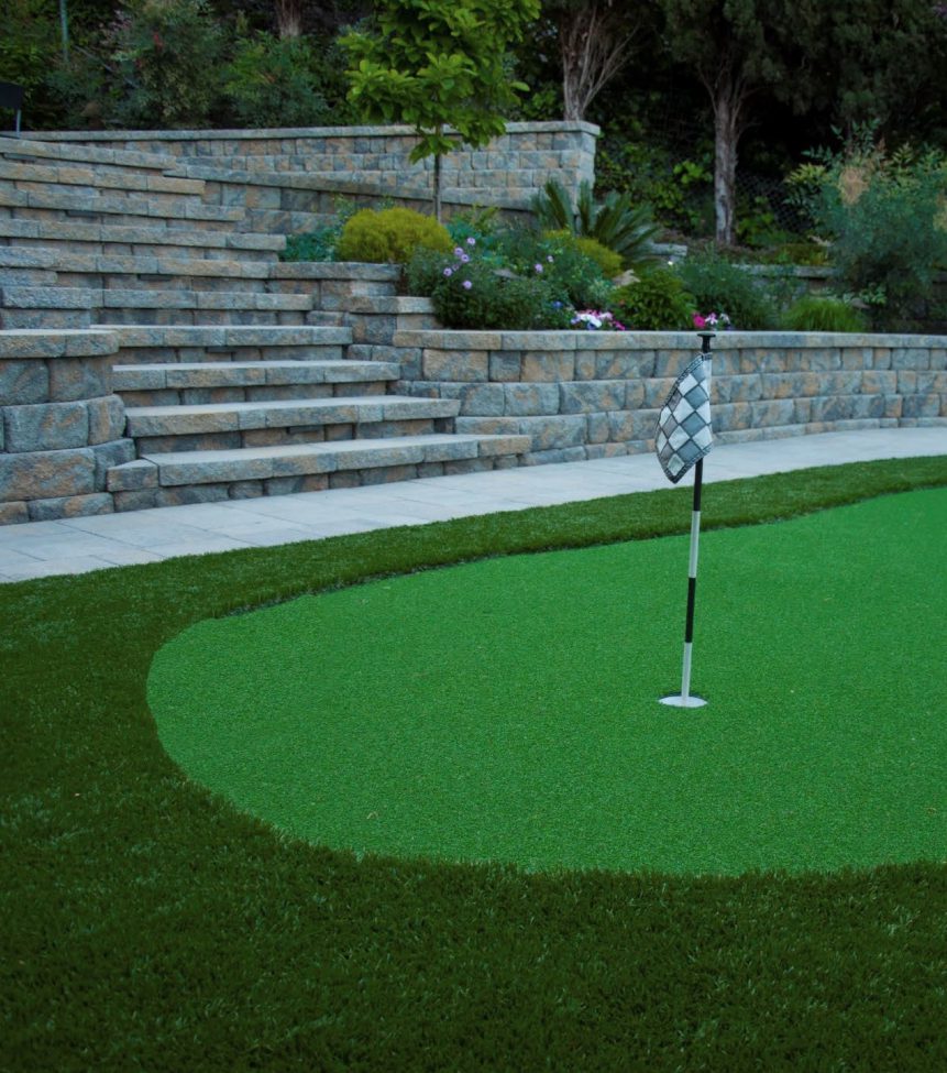 A vibrant synthetic lawn putting green