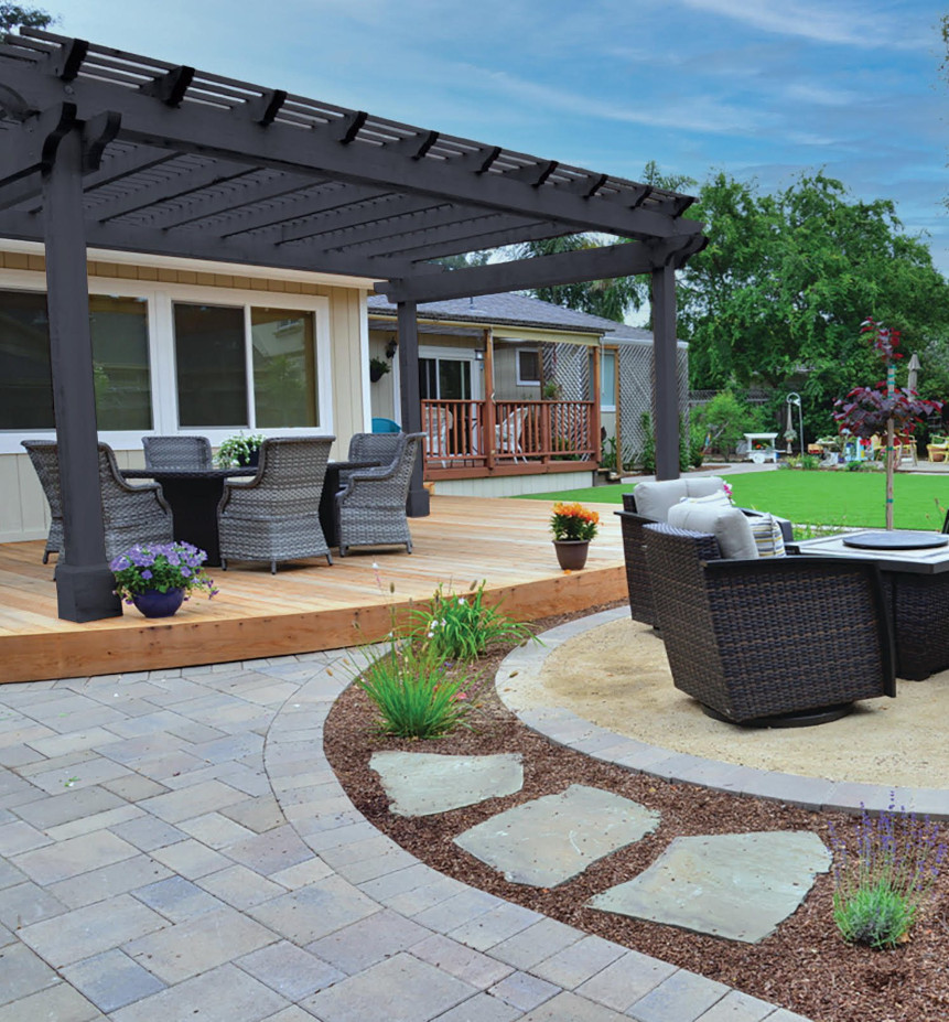A beautiful paver stone patio on a warm sunny day